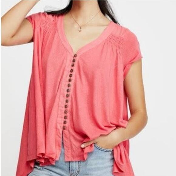 Free People Oversized Short Sleeve Button Front High Low Boho Blouse Size Medium - Picture 2 of 11